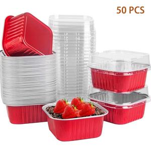 50Pack 5oz Pink Mini Cake Pans with Lids Baking Cups Aluminum Foil Pans Tins, Individual Dessert Cups Containers for Sales,Party,Picnics