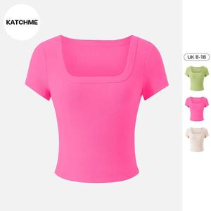 KatchMe Women's Versatile Solid Color Square Neck Slim Ribbed Crop Top,Basic Minimalist Womenswear,Casual Plain Tshirt for Spring & Summer