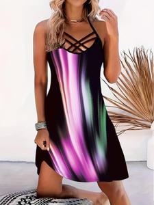 Women's Colorblock Criss Cross Backless Cami Dress, Casual Sleeveless Spaghetti Strap Short Dress, Ladies Summer Clothes for Beach Holiday, Womenswear