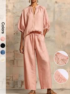 Women's Two-Piece Set, Casual Loose Fit Solid Color Zipper Round Neck Top Wide Leg Pants, Comfortable and Stylish for Daily Wear