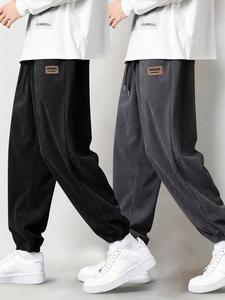 Men's Letter Patched Corduroy Pants, Casual Comfy Loose Trousers for Fall & Winter, Men's Bottoms for Daily Wear
