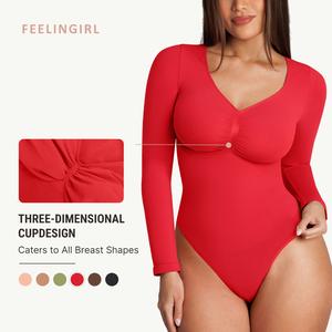FeelinGirl Women's Long Sleeve Bodysuit for Tummy Control Seamless Body Suits Thong V Neck Going Out Tops Womenswear