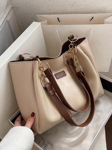 Women's Fashionable Solid Color Tote Bag, Large Capacity Patched Shoulder Bag for Daily Used, Casual Trendy Versatile High-quality Daily Commuting Bag, Girl Fashionable Bag, Pu Tote Satchel