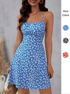 Women's Ditsy Floral Print Criss Cross Tie Sleeveless Backless Cami Dress, Boho Fashion Spaghetti Strap A Line Short Dress for Beach Holiday Vacation, Ladies Summer Clothes, Summer Dresses 2025, Bohemian Casual Womenswear