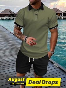 Men's Colorblock Polo Shirt & Drawstring Waist Shorts Set, Regular Fit Collared Top & Elastic Waist Track Shorts, Fashion Cozy Breathable Men Two-piece Outfits for Travel, Shortsleeve Menswear, Summer Clothing Set, Army Green, Casual Lounge Set