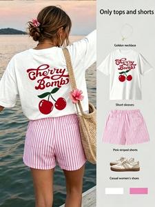Women's 2-Piece Set: "Cherry Bomb" Cherry-Print T-Shirt + Pink & White Striped Shorts — A Cute, Fruit-Themed Two-Piece Outfit Perfect for Beach Vacations & Summer Wear