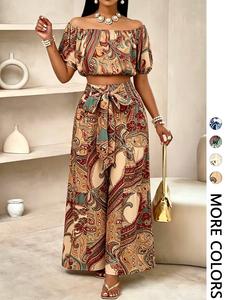 Women's Summer Chic Paisley Print Vintage Vacation Two-Piece Set, Off-Shoulder Bubble Sleeve Crop Top + High Waist Drawstring Wide Leg Pants
