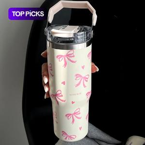 Butterfly & Heart Pattern Vacuum Flask, 1 Count Large Capacity Insulated Water Bottle with Handle & Straw, Drinking Cup for Home Office School, Drinkware