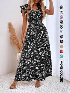 Women's All Over Print Ruffle Trim Butterfly Sleeve Long Dress, Boho Cap Sleeve V Neck Wrap A Line Dress for Holiday Vacation, Summer Outfits 2024, Holiday Dresses, Ladies Dress for Summer