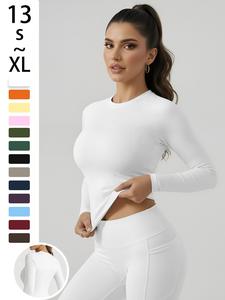 Women's Simple Solid Color Sporty Top, Comfortable High Waist Yoga Shirt, Elastic Fabric, High Stretch Sporty, Short Sleeve, Above the Ankle, Spring & Fall, Fitness Clothes Tops