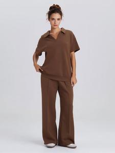 Women's V-Neck Summer Short Sleeve Set, Casual Business T-Shirt Two-Piece, Slim-Fitting Pure Color Top Outfit