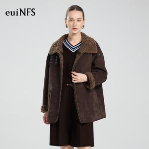 【EUINFS】Women’s Suede-Effect Blended Jacket | Relaxed Fit with Statement Collar | Deep Brown Winter Outerwear【E483004】