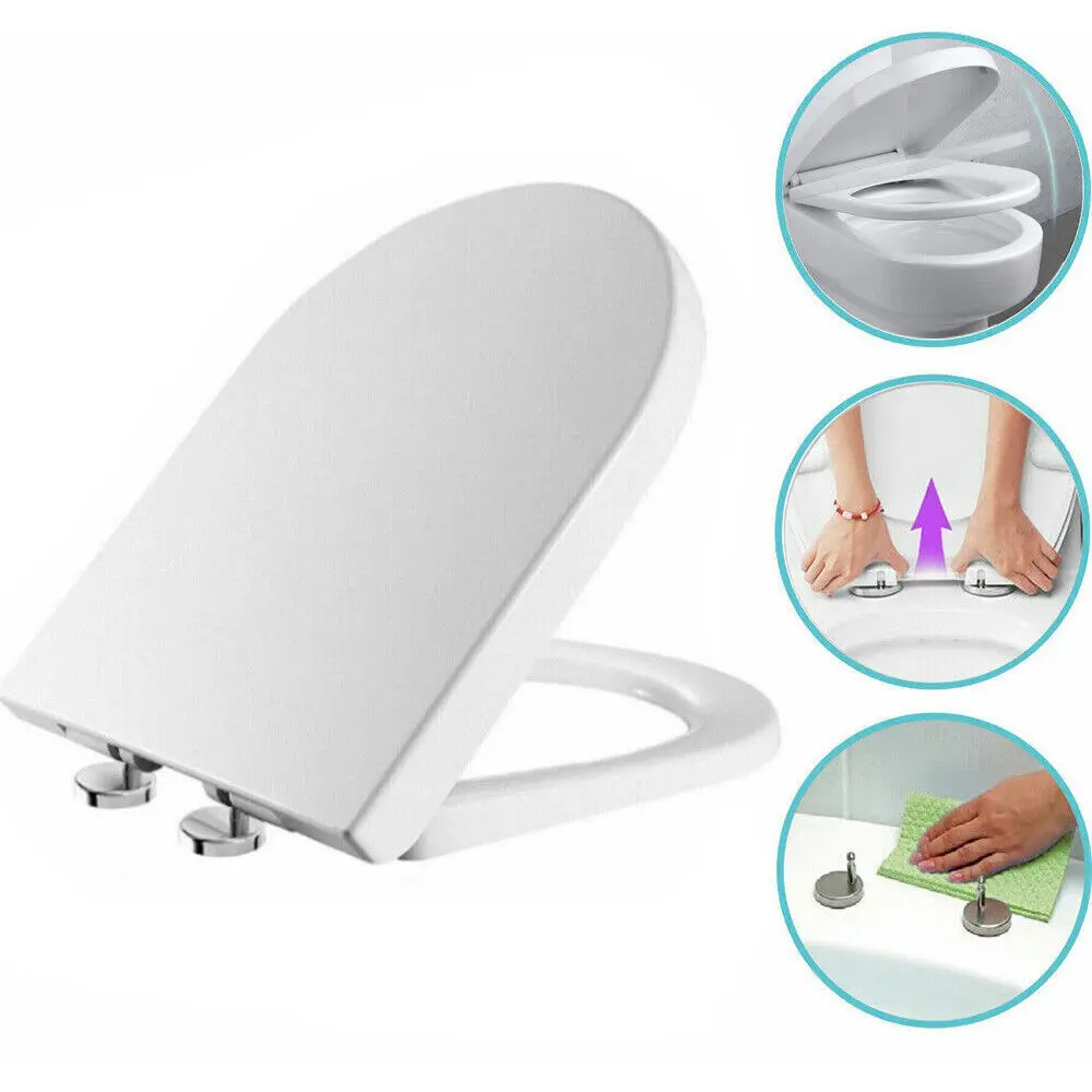 Soft Close D-Shape Toilet Seat, Easy Install, Quiet Closing Lid, Comfortable and Safe WC Cover for Home Bathroom, Durable No-Slam Toilet Seat