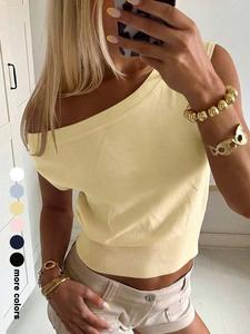 Asymmetrical Slant Shoulder Knit Short Sleeve Top, Casual Plain Color Fitted Short Shirt, Versatile Basic Summer Clothing
