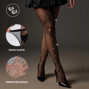 Rela Rela Black Rhinestone Fishnet Crystal Glitter Tights Black Diamante Fishnet Tights Glam Bottoms and Leggings Womenswear