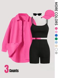 Women's Solid Knitted Button Front Shirt & Crop Cami Top & High Waist Skinny Shorts Three-piece Set, Fashion clothes set, Drop Shoulder Long Sleeve Top & Camisole & Shorts