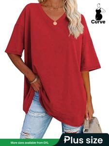 【Plus Size】 Solid Color Drop Shoulder Tee, Casual Cute Fits Minimalist Half Sleeve V Neck T-shirt for Summer, Tops for Women, Women's Clothing for Daily Wear, Baggy Womenswear