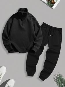 Men's Solid Half Zip Up Top & Pants Two-piece Set, Casual Long Sleeve Sweatshirt & Trousers for Spring & Fall, Men's Two-piece Outfits for Daily Wear