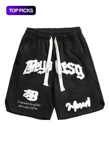 Men's Letter Embroidery Patched Drawstring Waist Suede Shorts, Regular Fit Casual Pocket Design Shorts for Summer, Fashion Men's Bottoms for Daily Wear