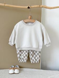 Spring & Fall Infant Two-Piece, Casual Loose-Fitting Round Neck Sweatshirt with Plaid Pants, Comfortable Outdoor Set for Babies Aged 0-3, Baby Clothing