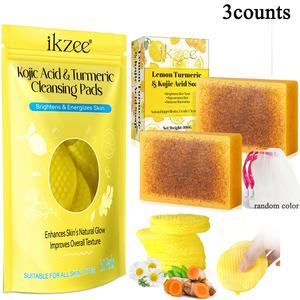 Kojic Acid & Turmeric Cleansing Pads & Facial Brightening Soap Set, Turmeric Facial Wash, 2 Counts Natural Ingredient Gentle Cleansing Soap & 60pcs Cleansing Pads, Deep Pore Cleaning, Skin Care Product for Face & Body, Facial Cleansers