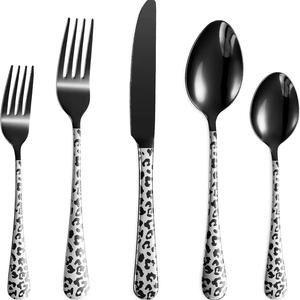 5-30 Piece Leopard Print Dinnerware Set, Stainless Steel Spoons Forks Knives, Dishwasher Safe, Mirror Polished, Tableware Set