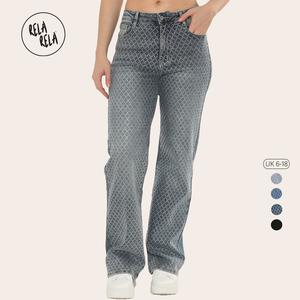 RELA RELA Women's Blue Viral Stretchy Mid-Waist Diamond Shape Sparkle Rhinestone Wide Leg Jeans UK 6-18 Denim Womenswear