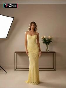 Women's Elegant Formal Party Wear Feminine Romantic Evening Date Valentine's Day Sweet Dress, Slim-Fitting Lace Mesh Sleeveless Long Dress, Sexy Plain Style