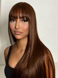 5x5 Lace Closure Glueless Human Hair Wig, Chocolate Brown Straight Wig With Bangs, Smooth Silky Real Human Hair, Pre Plucked Natural Hairline, Lightweight Comfortable, Versatile Daily Style