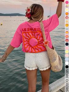 Women's Sun Print Round Neck Tee, Casual Short Sleeve Crew Neck T-Shirt for Daily Wear, Ladies Clothes for All Seasons, Top