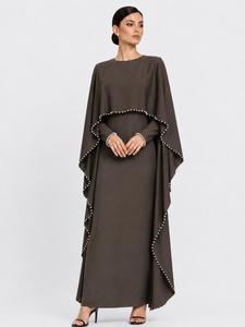 New Muslim Women's Dress with Shawl, Elegant Beaded Long Sleeve Dress, Tie Back Design, Casual Plain Pattern, All Seasons Wear, Modest Dresses