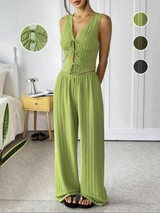 Two-piece Set Women's Solid Tank Top & Wide Leg Pants, Casual Fashion Cozy Outfits for Daily Outdoor Wear, Basic Women Clothes for Summer