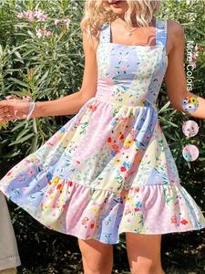 Women's Floral Print Knot Back Tank Dress, Boho Casual Bohemian Backless Sleeveless A-line Dress for Beach Holiday Vacation, Ladies Summer Clothes, Boho Ruffle Holiday Dresses, Vacation Dresses, Womenswear