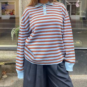 Women's Oversized Striped Polo Sweater - Long Sleeve Knitted Pullover with Multiple Color Options, Retro Casual Style Pullover Knit Tops Casual Winter Fall Clothes S-XL
