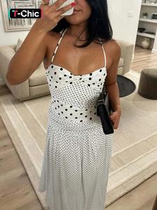 Women's Polka Dot Print Tie-neck Halter Dress, Bust Twisted Ruched Sleeveless Backless A-line Slip Dress, Party Club Date Holiday Beach Vacation Daily Casual Sweet Cami Maxi Long Dresses For Ladies Summer Fashion Clothes Wear