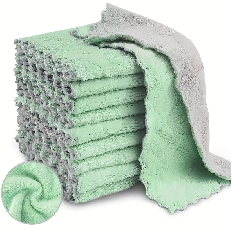 10pcs Microfiber Dish Cloths, Thickened Coral Velvet Double-sided Dish Towels, Soft Absorbent Towels, Strong Stain Removal, Scouring Pads, Reusable, Machine Washable For Kitchen, Bathroom, Car, Window, Kitchen Supplies, Cleaning Supplies