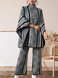 Women's Geometric Batwing Sleeve High Neck Sweater & Wide Leg Pants Set, Casual Spring & Fall Two-Piece Outfits For Daily Wear Holiday Vacation, Ladies' Clothes