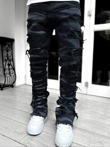 Men's Ripped Stacked Jeans, Casual Comfy Slim-fitting Denim Pants for Daily Wear, Fashion Men's Bottoms for All Seasons, Cotton, Ripped Knee Jeans, Streetwear