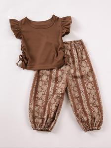 Toddler Girl's Ditsy Floral Print Frill Trim Ruffle Tee & Pants Two-Piece Set, Casual Soft Comfy Short Sleeve T-shirt & Trousers for Summer, Kids Clothes for Daily Wear