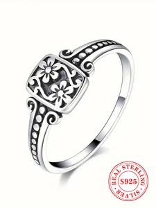 S925 Sterling Silver Vintage Style Flower Design Ring, Vintage Embossed Ring, Fashion Jewelry Accessories for Women, Elegant Jewelry for Party, Daily Clothing Decor, Trendy All-match & Exquisite Jewelry for Birthday Gift
