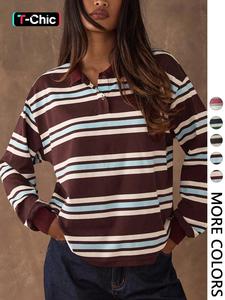 Women's Casual Colorblock Striped Long Sleeve T-Shirt, Fall Winter Fashion, Vintage Style, Fitted, Outdoors Wear, All Seasons