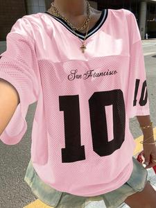 Women's Number "10" Pattern Striped Trim Drop Shoulder T-shirt, Casual Comfy Breathable Round Neck Top for Summer, Fashion Ladies Clothing for Daily Wear, Graphic Tees