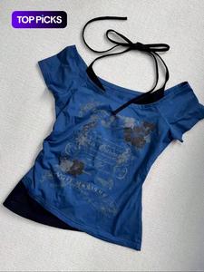 Women's 2 in 1 Floral & Letter Print  Halter Tee, Y2k Casual Top for Summer, Ladies Clothes for Daily Wear