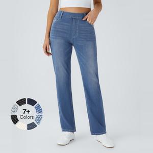 Halara Flex High Waisted Multiple Pockets Straight Leg Washed Stretchy Knit Casual Jeans - Comfortable Casual Denim, Minimalist Design #giftideas #tiktokmademebuyit