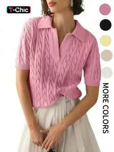 Women's Plain Cable Knit Sweater Pullover, Casual Short Sleeve Collared Jumper for Spring, Fashion Women's Knitwear for Daily Wear, Tops for Women, Womenswear, Elegant Classy Tops, Shortsleeve