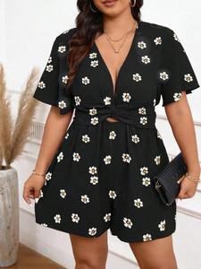【Plus Size】 Floral Print Tie Front Romper, Casual Short Sleeve Romper for Summer, Women's Clothes for Daily Wear