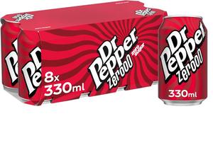 Dr Pepper Zero 8 x 330ml Cans - Zero Sugar Soft Drink Pack of 8