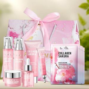 Cherry Blossom Collagen Skincare Set with Gift Bag, Multi-Piece Hydrating Moisturizing Kit, Perfect Gift for Friends and Mom