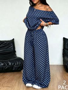 Women's 2 Piece Polka Dot, Casual Short Sleeve Crop Top and Wide Leg Pants, Loose Fit, Comfortable Knit Fabric, Summer Tracksuit