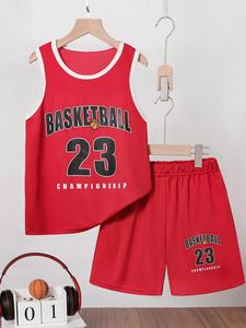 Two-Piece Set Boy's Basketball Print Sweatshirt & Shorts Set, Casual Round Neck Short Sleeve Top & Shorts for Summer, Kids Clothes for Daily Wear